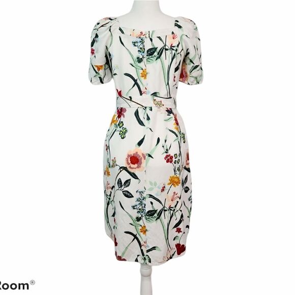 LOFT White Multicolor Floral Puff Sleeve Tent Linen Dress Size 0P Tie Waist - Picture 8 of 12